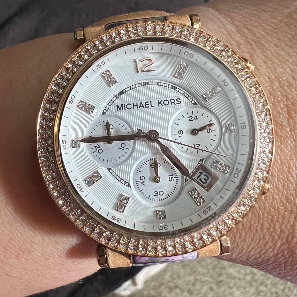 Michael Kors watch with light camel colored leather strap